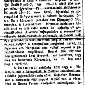 Részlet a „Zsidóellenes zavargások.” c. cikkből (Forrás: Pesti Hírlap, 1883. 09. 04., 4. o.)
